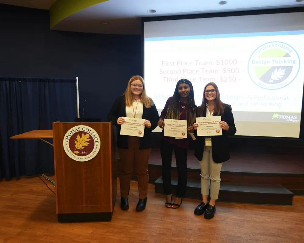 Teams of Thomas College students competed in the President’s Innovation Challenge earlier this week on campus. Students collaborated with Maine employers and used design thinking for a semester-long project to solve real-world problems.