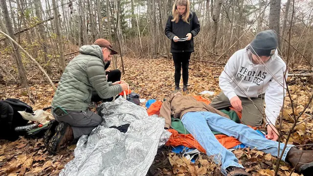 Students being trained in wilderness first aid learned and practiced skills to deal with a myriad of injuries associated with the outdoors including soft tissue wounds, broken limbs, skin burns, shock, head injuries, hypothermia, heart attacks, and diabetic events.