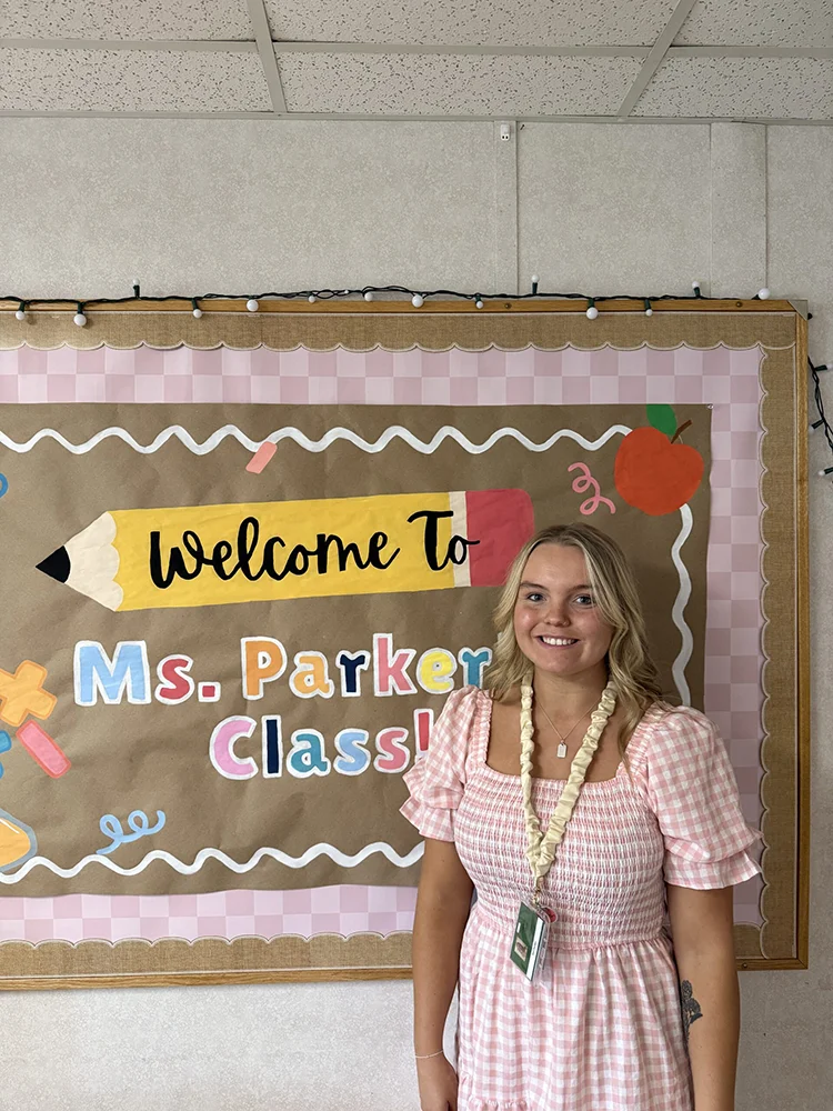 Thomas College elementary education student Tori Parker in her classroom where she is teaching fifth grade students as part of the residency model