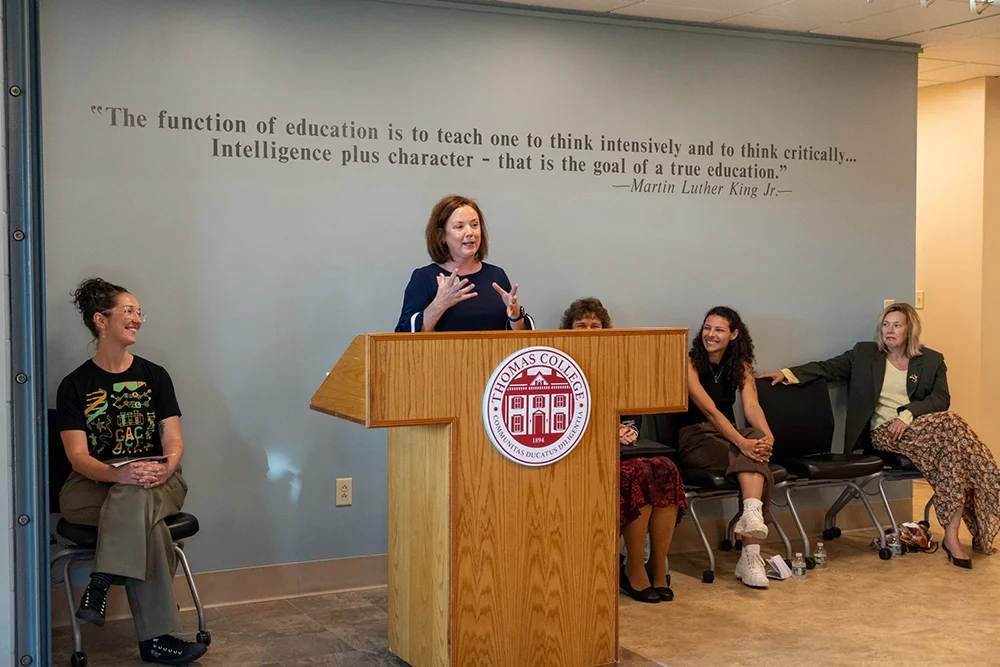 thomas college science professor alicia mccarthy speaks during science lab ribbon cutting at thomas college