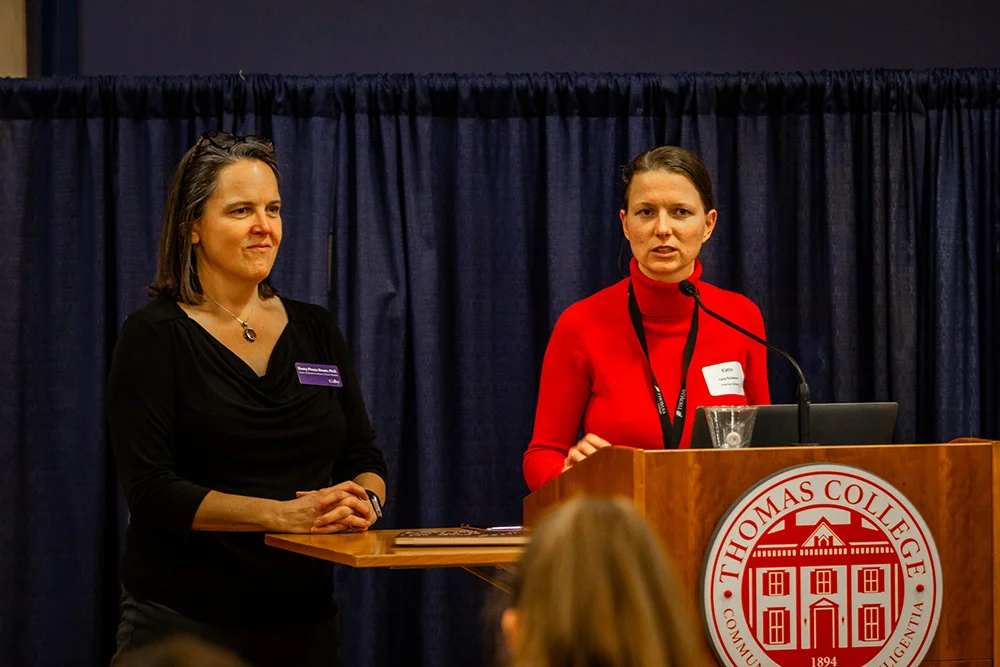 Colby College's Sherry Brown and Thomas College's Dr. Katie Rybakova at a Dine and Discuss as part of the Central Maine Education Consortium