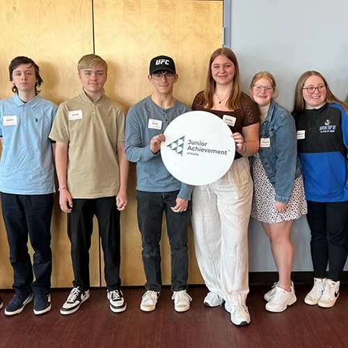 Mountain Valley High School students pose during the Junior Achievement Titan Challenge hosted at Thomas College in 2025