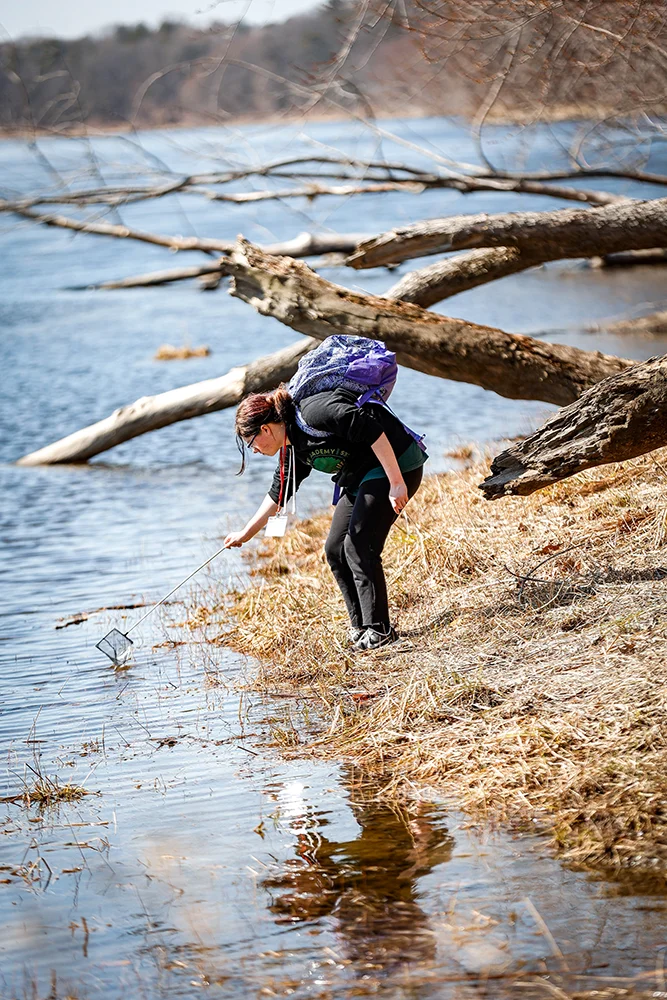 A student is standing on grass near the Kennebec River with an instrument to catch materials in the water for an experiment during Thomas College's Girls in Science Day