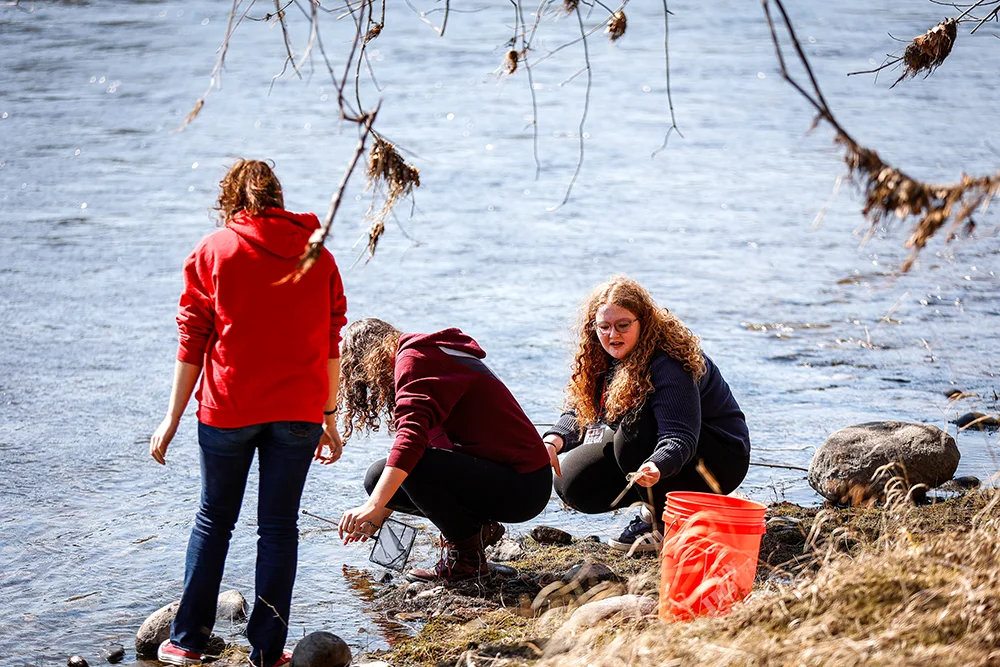 Students gather materials from the Kennebec River during Girls in Science Day 2026 at Thomas College