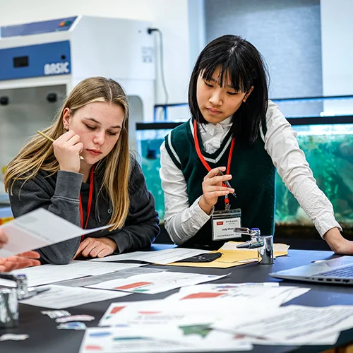 High school students work together and explore STEM in the science lab during Thomas College's Girls in Science Day