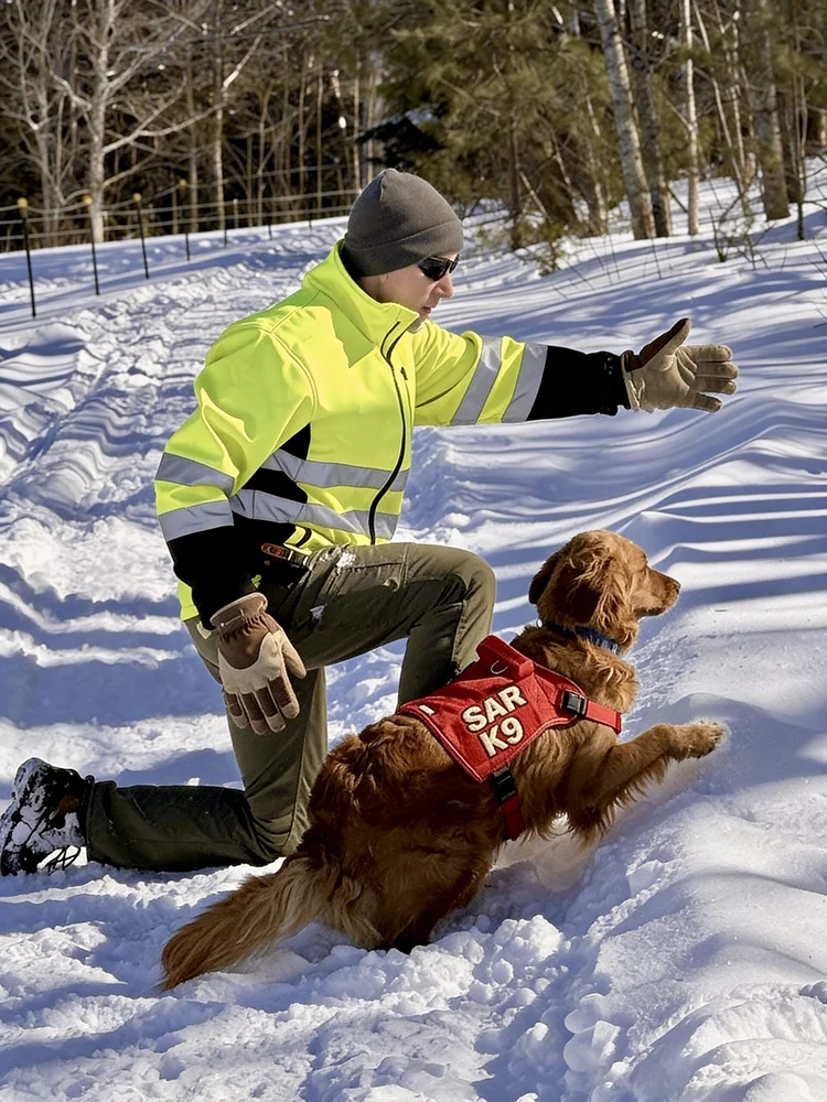 Mark Marsolais training a dog in the snow