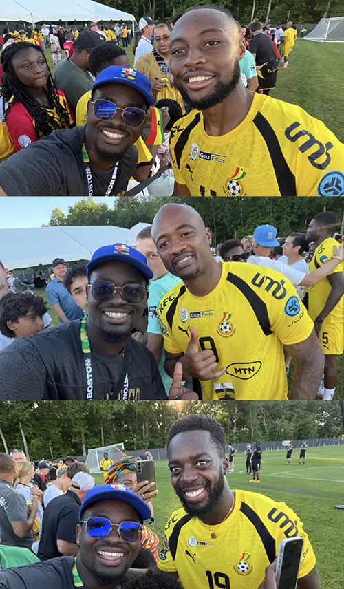 Bismark Akoto with members of the Ghanaian National Team (top to bottom) Antoine Semenyo, Jordan Ayew, and Inaki Williams