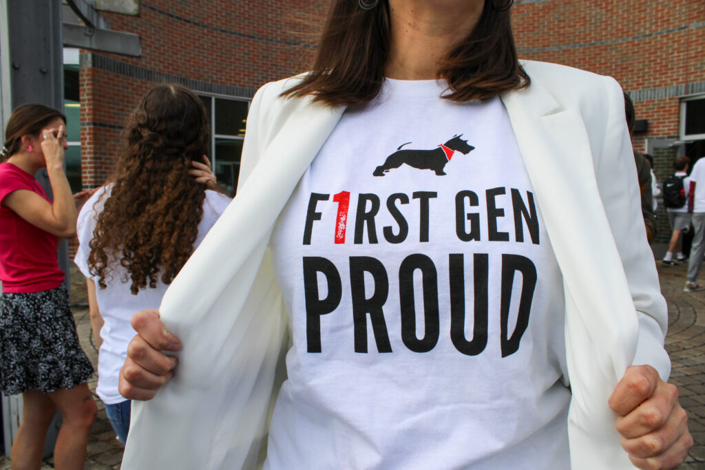 A view of someone's shirt that reads First Gen Proud