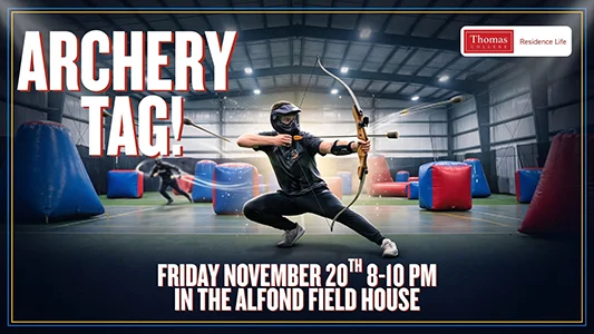 Advertisement for Archery Tag. Friday November 20th 8 to 10 PM in the Alfond Field House