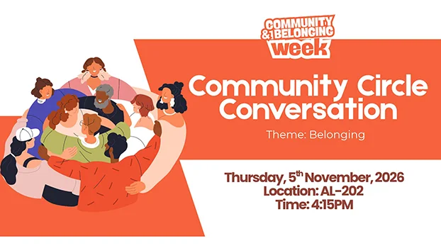Community & Belonging Week flyer featuring an illustration of a diverse group of people seated in a circle with their arms around one another. The event, "Community Circle Conversation," focuses on the theme of belonging and will take place on Thursday, November 5, 2026, at 4:15 p.m. in room AL-202.