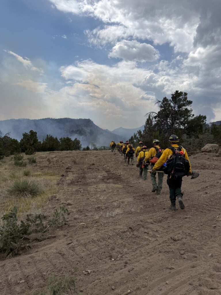 Eliza Wheeler and her Maine Forest Services crew walk out to fight a fire